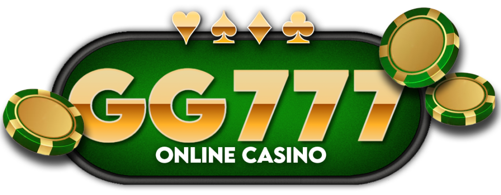 Golden text reading 'GG777' accompanied by colorful casino chips against a dark background.